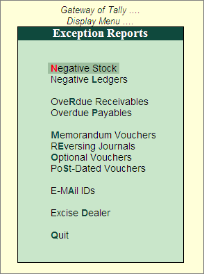 Image result for gateway of tally display menu exception reports