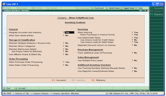 F2 : Inventory Features in Tally.ERP 9