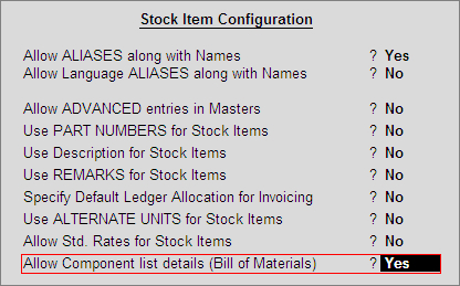 F12: Configure (Stock Item Configuration) : TallyERP9Book.Com