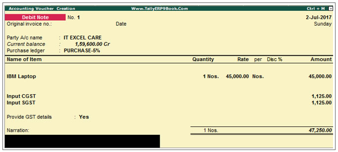 Debit Note Voucher ( Ctrl + F9) – Purchase Return in Tally.ERP9