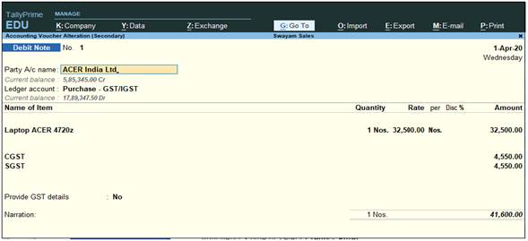 Purchase Return / Debit Note Voucher (Alt+F5) in TallyPrime Accounting ...