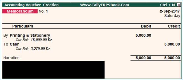 Memo (Memorandum) Voucher (Ctrl+F10) in TallyERP9