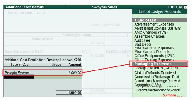 Stock Journal Voucher (Alt+F7) in TallyERP9